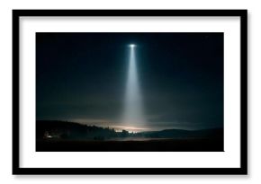 Night sky with a bright beam of light descending from a glowing point onto a foggy field as stars twinkle above a dark forest. Concept Mystical Night Sky, Beam of Light Descent