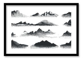 Black and white mountain landscape illustration featuring various stylized peaks and contours.
