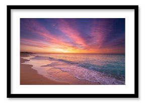 The magnificent shoreline, featuring shimmering sands and transparent waves, set the scene for a mesmerizing dusk, coloring the horizon in vivid shades of violet and tangerine, forming a