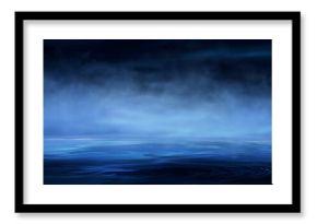 Dark night scene over water, fog over dark ocean water, dark surface, neon light, reflections on the water. Fantasy night water scene.