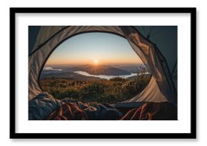 View from the tent on the mountains, meadow, herbs, flowers, early in the morning when the sun rises. Camping equipment including a sleeping bag and pillow. Tent. Background.