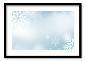 Christmas, New Year, Happy Holidays invitation, card design vector.  Christmas falling snowflakes. Soft gradient. Blurred background. Winter sky, landscape in pale soft blue, grey shades.