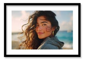 portrait of young woman at sea looking at camera smiling latin hispanic girl standing at the beach with copy space and looking at camera happy mixed race girl in casual outfit with wind in her hair n