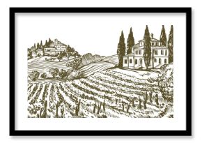 Vintage Illustration of a Tuscan Countryside Landscape with Vineyard Fields and Villas on Rolling Hills
