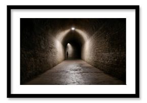 A solitary figure stands at the illuminated end of a dark arched brick tunnel