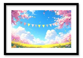 青空の下、綺麗に咲いた桜とガーランド　AI生成素材