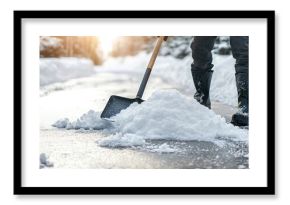 Man clears snow from pathway in winter morning sunlight while wearing boots and using a shovel to create a clear route through the snow