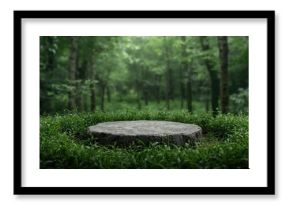 Abstract forest setting with a stone base and greenery, suitable for natural product presentations