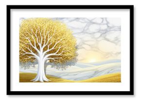 3D Wallpaper with White Tree, Golden Leaves, and Marble Landscape Background, 3D Relief Mural, 3D Floral Wallpaper, 3D Wall Mural, 3D Floral Background, 3D Wall Mural, 3D Floral Art.