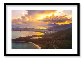 Aerial Panorama Of Da Nang Bay And City Skyline At Glowing Sunset Vietnam