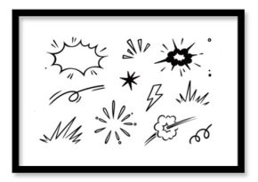 Comic cartoon line explosive effect, speed burst motion element set. Comic boom burst, explosive smoke, line speed cartoon element icon. Hand drawn sketch action boom effect. Vector illustration