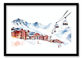 Andes Ski Resort. Andes Ski Resort hand drawn watercolor illustration