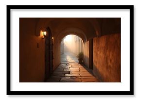 Narrow sunlit alleyway with arched architecture and stone pavement bathed in golden hour rays filtering through mist
