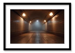 An atmospheric underground tunnel stretches forward with dim lighting fog and a strong sense of perspective and depth
