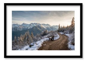 Snow-covered mountains with a thick forest, a serene resting place for reflection