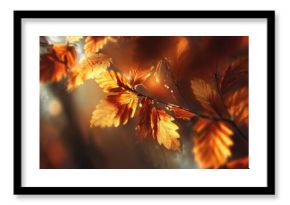 Close-up of orange autumn leaves lit by sunlight against a warm, blurred background. Concept Autumn leaves close-up, Sunlit orange foliage, Golden hour bokeh background, Nature photo detail