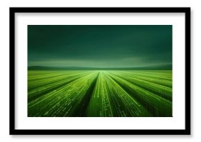 Expansive Green Field with Digital Binary Data Stream Illustrating Technology and Nature Integration in a Futuristic Landscape