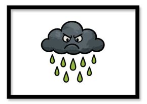 Grumpy dark gray cloud icon raining stylized bright green water drops