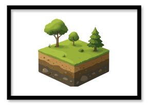 Detailed isometric cross section of natural terrain showing soil layers, green grass, and various trees