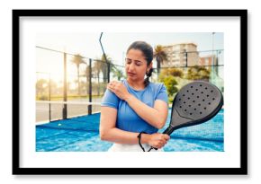 Athlete, woman and shoulder pain on padel court from fitness, match accident and muscle sprain. Person, discomfort and joint strain of exercise mistake, inflammation and tennis injury from tournament
