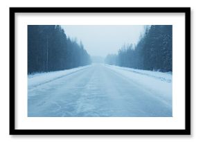 empty winter road, snow background in the surrounding landscape