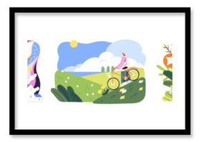 People hiking in nature set. Men and women with backpacks travel, trekking. Characters walk on meadows, forest. Couple has a picnic outdoors. Flat isolated vector illustrations on white background.