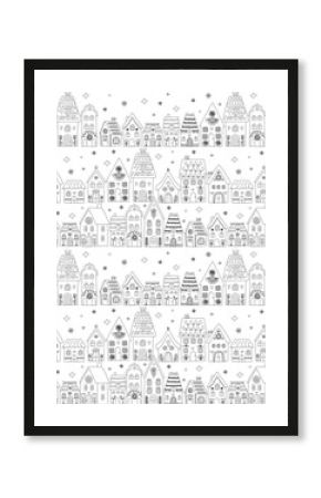 Scandinavian Winter Village Doodle seamless pattern, Cozy Folk Art Houses Illustration