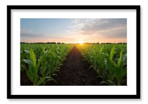 A young cornfield with straight rows bathed in the warm light of a golden hour sunset
