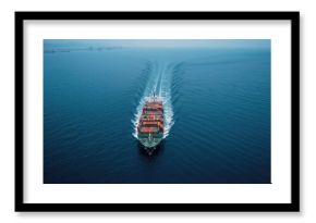 Aerial view of a cargo maritime ship with containers and contrail in the ocean, emphasizing freight shipping efficiency, World Maritime Day