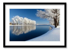 Breathtaking Winter Scene Snow-Covered Trees Mirrored in a Crystal Clear Blue Lake Under Bright Sun