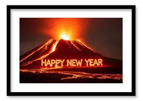 Happy New Year Text Formed by Lava in Front of Erupting Volcano at Night