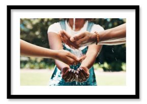 Water, hands and clean in nature for sustainability, wash or resource conservation. People, fingers or group splash with drops outdoor for hygiene, environment health or community support for ecology