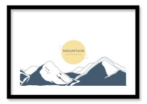 Minimal mountain landscape vector illustration with navy blue terrain shapes and yellow sun circle — clean nature design for travel, adventure artwork and outdoor backgrounds