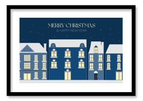 Christmas vector cityscape with winter night sky and cozy European houses in blue cream tones — festive holiday scene for greeting cards and New Year celebration