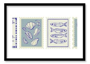 Vintage Italian postage stamp set with hand drawn Amalfi coast symbols - tomatoes and scooter, seashells and sardines, lobster and beach accessories. Blue postcard frames in summer Mediterranean style