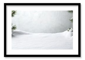 Snowy winter table with frosted pine branches creating serene holiday scene