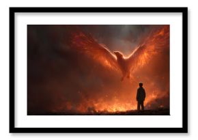Phoenix rises from ashes. Person watching reborn bird. Concept of rebirth, transformation, hope. Rising after failure. Overcoming adversity. Man looking at mythical creature. Strength, freedom