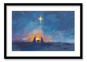 Representing the holy family, mary, joseph, and baby jesus a manger, with a guiding star brushstroke under a sky