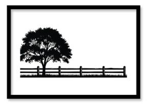 A peaceful landscape featuring a tree and a wooden fence in stark silhouette