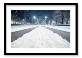 Snow lined city road at night with falling snow and glowing skyline