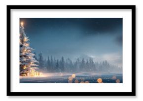 winter christmas panoramic landscape snow night forest village lights cinematic ultra wide snowy night panorama with