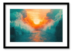 Dramatic fantasy landscape featuring a large, glowing sun casting its warm orange light across calm water, framed by towering teal clouds and dark, rugged cliffs