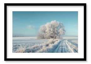 Snowy rural landscape with frosted trees and dirt path, illustrating winter preservation