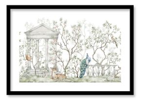 Watercolor seamless border with chinoiserie motifs. Forest woodland creatures, deers, peacock, ancient architecture, green blooming trees. Nature decoration for wallpaper, murals.