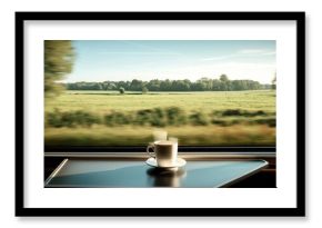 Enjoying a coffee while traveling through scenic autumn countryside seen from a train window. Train journey, European autumn landscape rolling, coffee cup