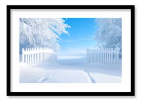 A serene winter landscape with a white picket fence surrounded by fresh snow under a clear blue sky