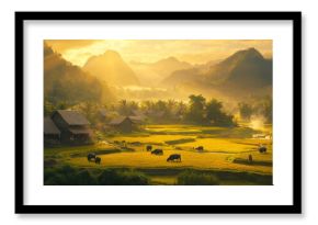 A peaceful rural village in Vietnam, with farmers tending to rice paddies and buffalo grazing in the fields under the golden sunlight