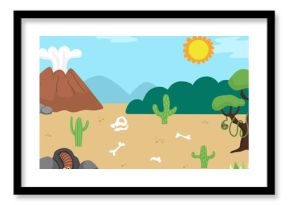 Vector empty nature landscape illustration. Cute flat scenery with sun, desert, volcano. Outdoor plane or clearing scene with stones, bones, skull. Dinosaur background for kids with mountains, cactus