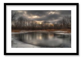 A serene winter scene captures a partially frozen pond reflecting the moody sky above.