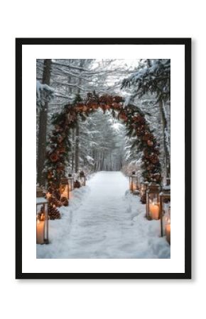 Beautiful winter wedding pathway adorned with pinecones and lanterns in a snowy forest